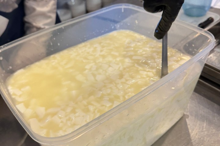 Person stirring cheese curds in liquid with a ladle