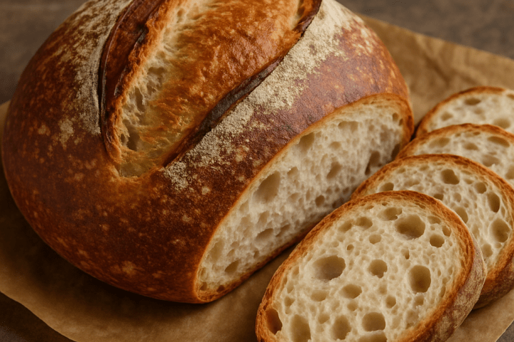 Round loaf of bread with three slices on parchment paper.