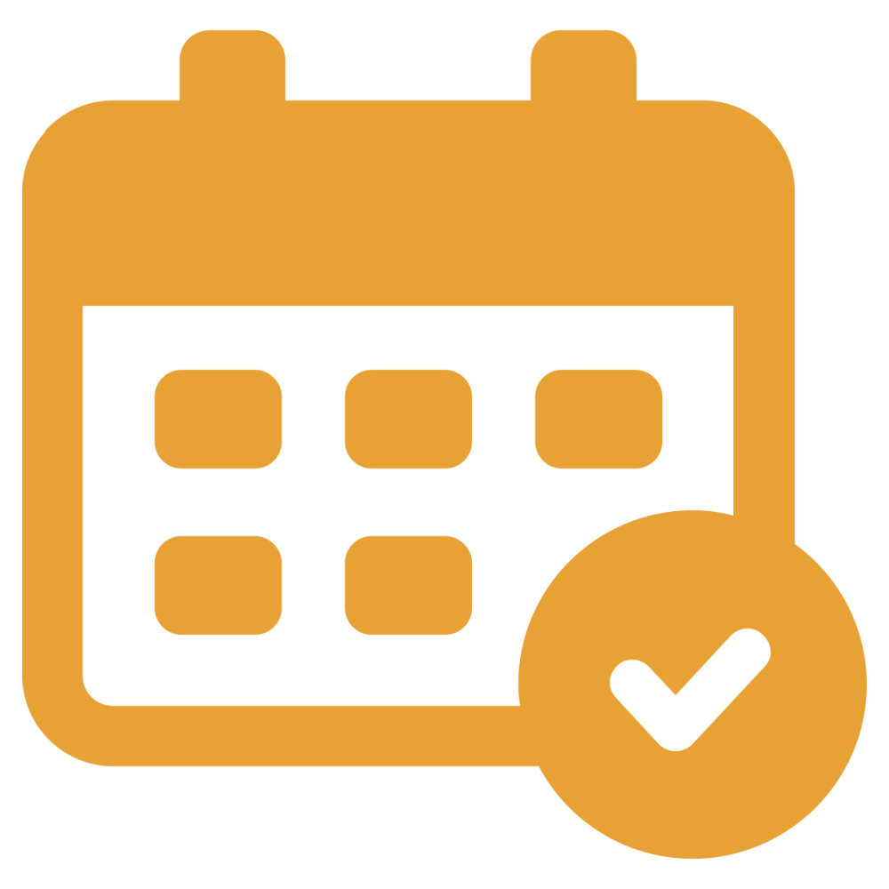 Orange calendar icon with a checkmark symbol overlayed.