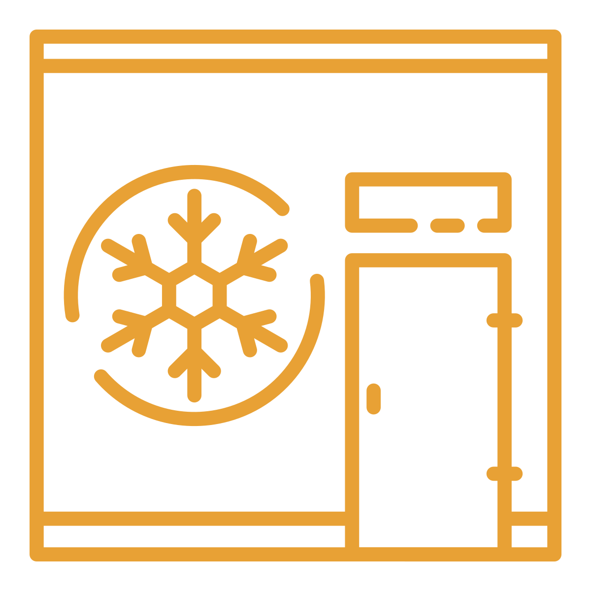 noun-cool-room-8006314-E8A135 Outline of a room with a snowflake symbol and a door.