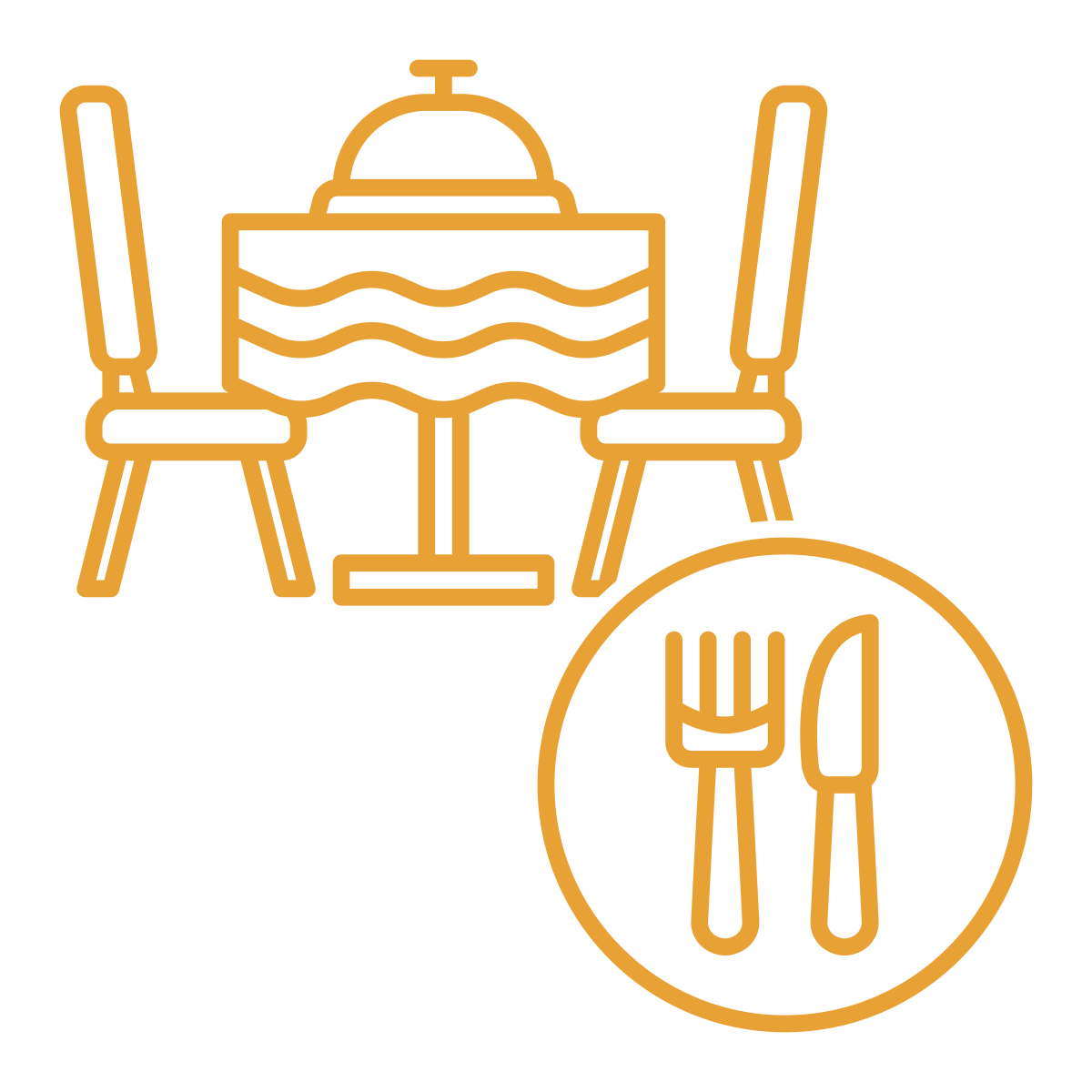 noun-dining-room-7825802-E8A135 Yellow line drawing of dining setup with chairs, table, and cutlery symbol.