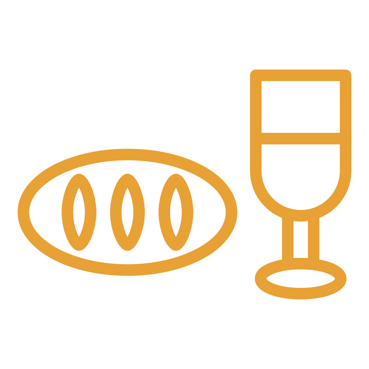 noun-food-and-drink-7791404-E8A135 Outline of a wine glass and loaf of bread in orange.