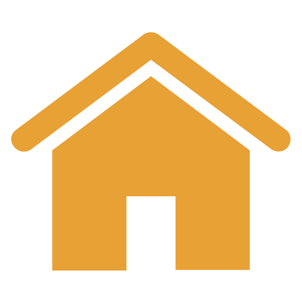 Orange house icon with a triangular roof and open doorway.