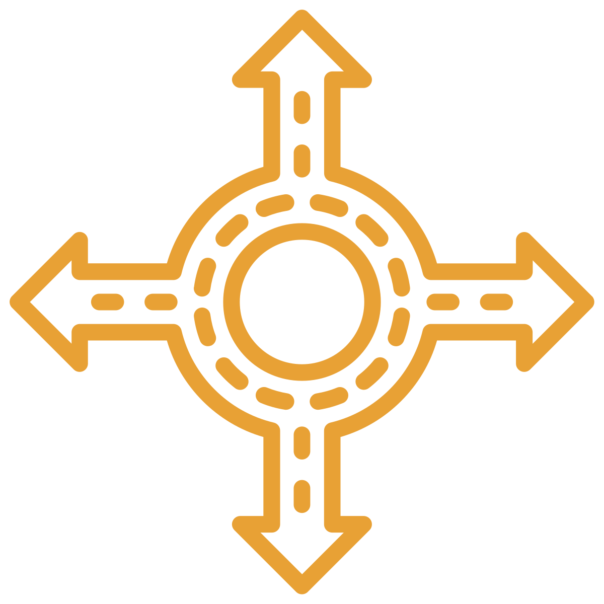 noun-junction-6689904-E8A135 Orange outline of a roundabout with four directional arrows extending outward.