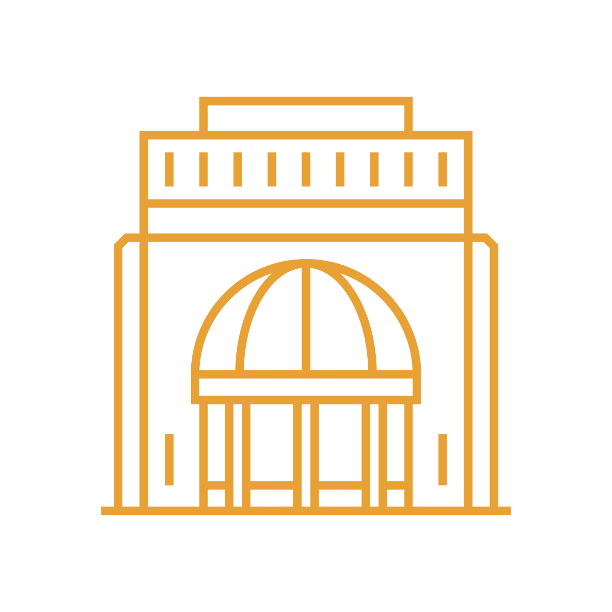 noun-theatre-2341829-E8A135 Outline of a stylized dome building in orange on a black background.