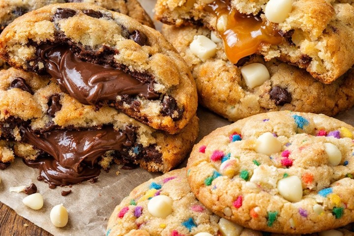 Assorted cookies with chocolate and caramel filling plus colorful sprinkles on parchment paper.
